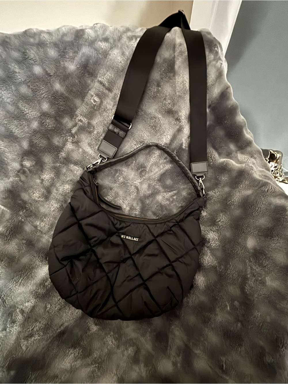 MZ Wallace Black Quilted Crescent Shoulder Bag with Wide Strap